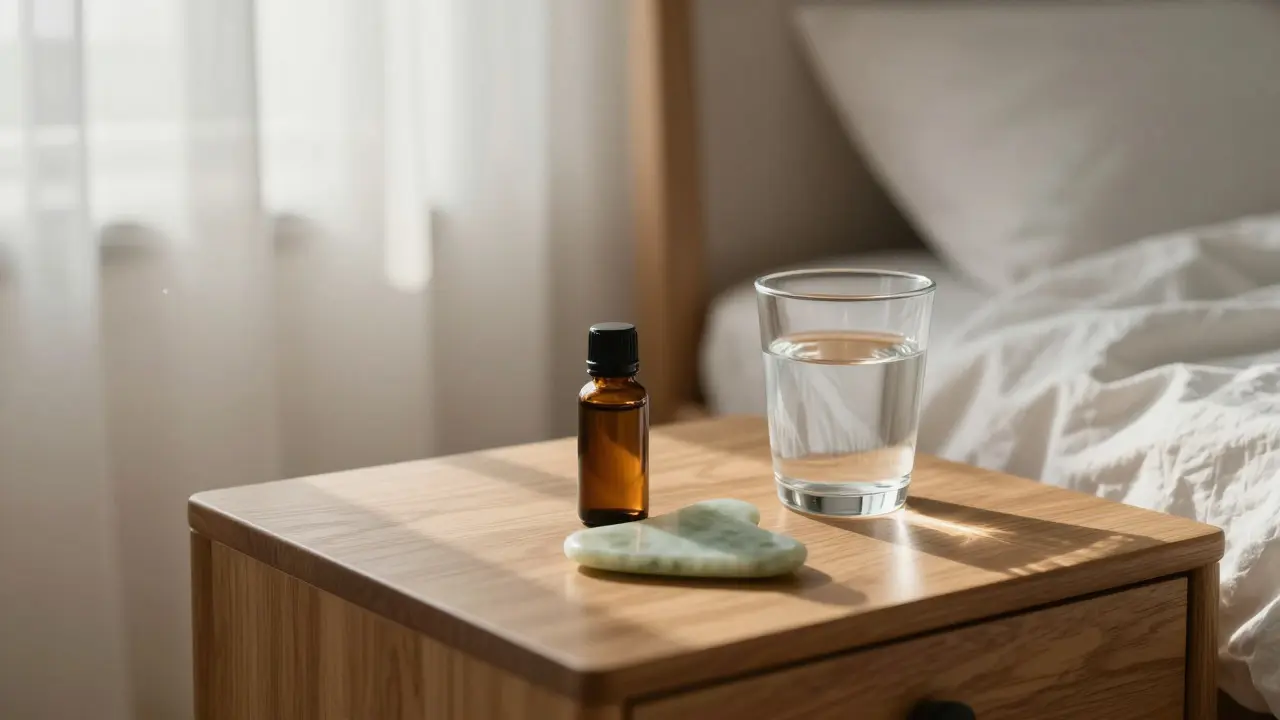 Bedside table with oil, jade stone, and water for sleep routine