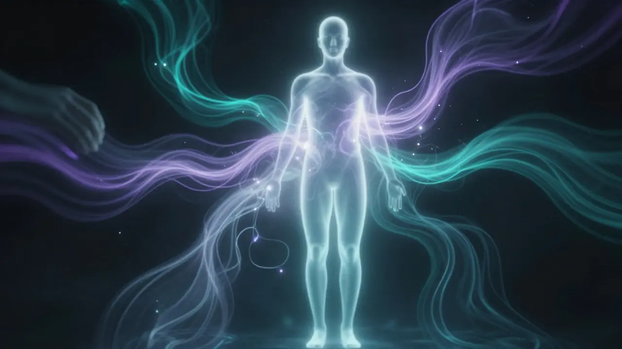 Glowing energy field surrounding a human silhouette representing biofield balance