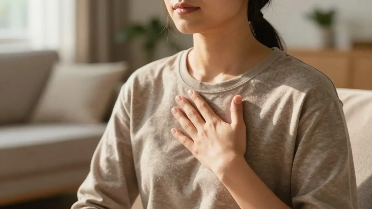 Person practicing mindful breathing exercise with hand on chest