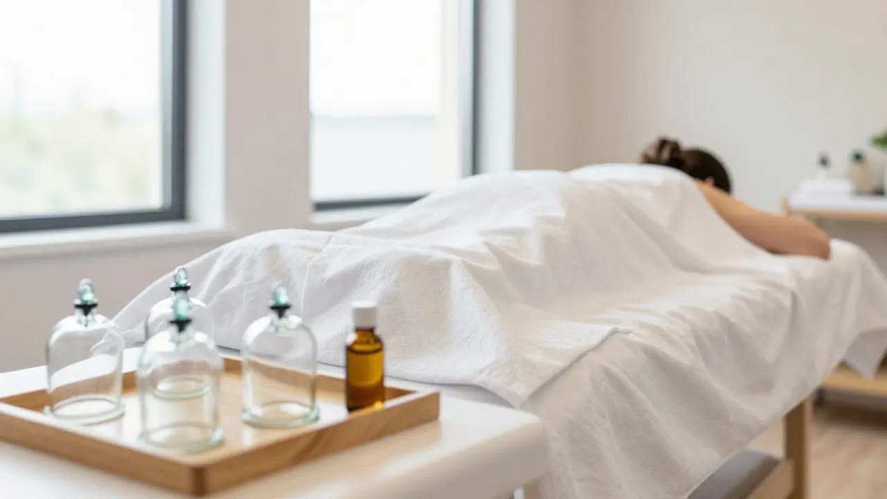 Serene wellness clinic with glass cups and oil on a tray