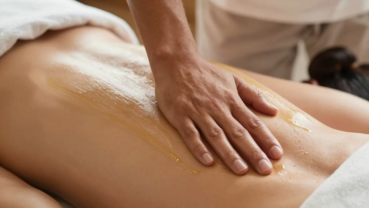 Therapist's forearm gliding smoothly with oil during a Lomi Lomi session.