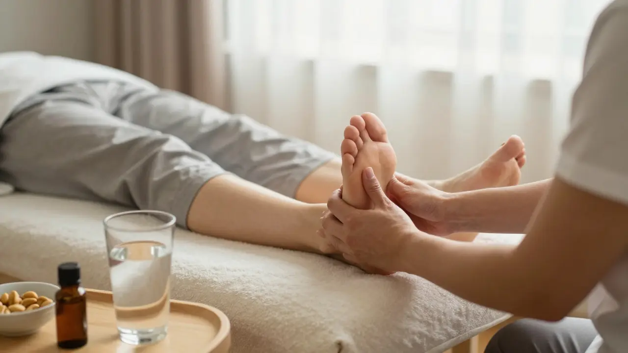 Therapist applying gentle pressure to a client's foot in a calm clinic