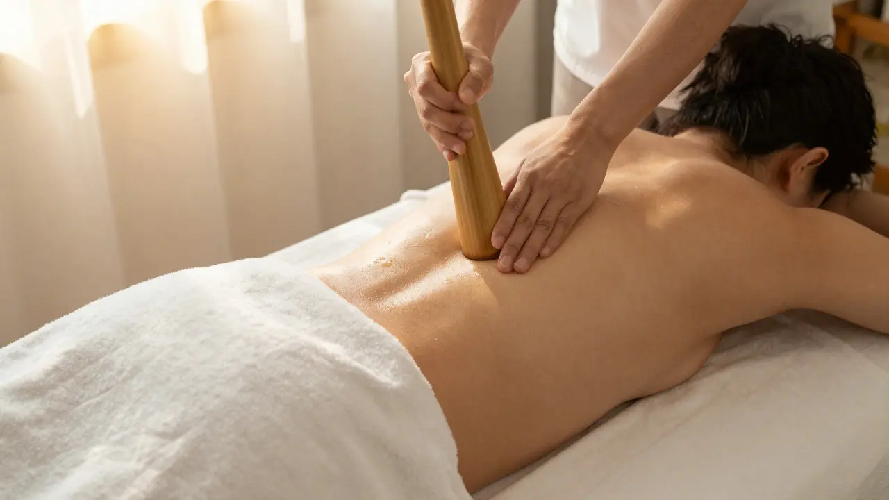Therapist using heated bamboo pole on client's back