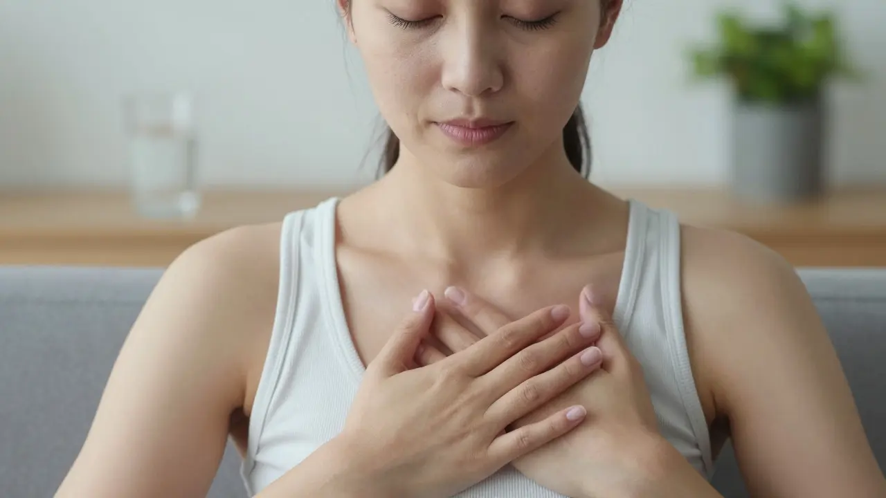 Woman meditating with hands on heart for self-healing and relaxation