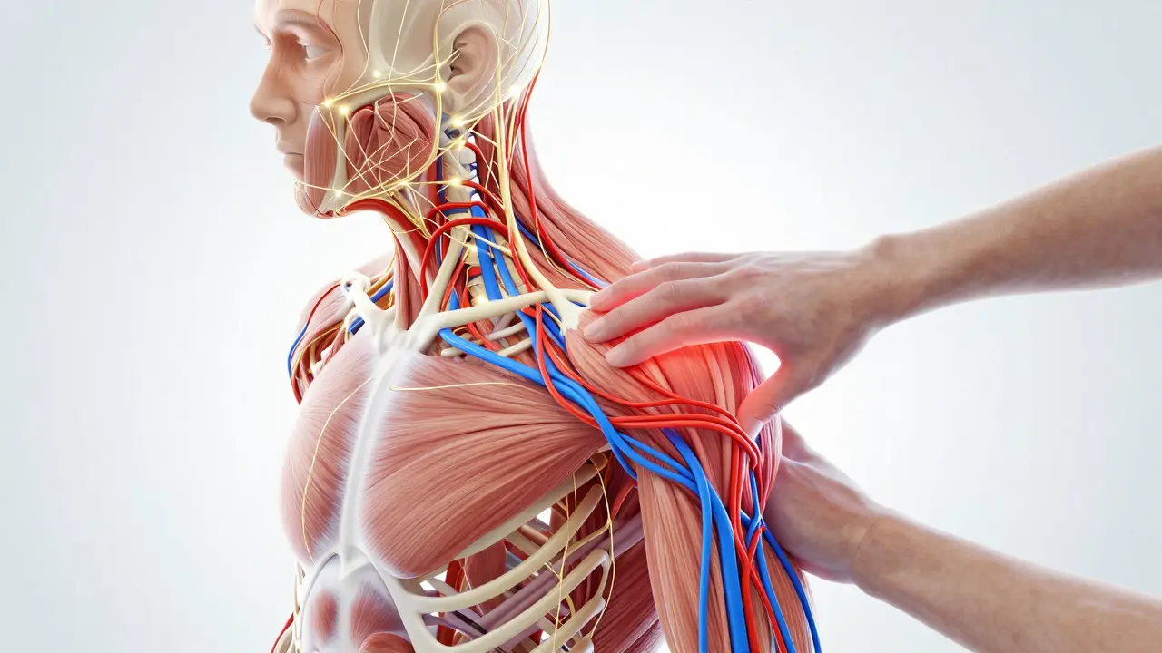 Artistic visualization of a nervous system untangling as tension is released during therapy