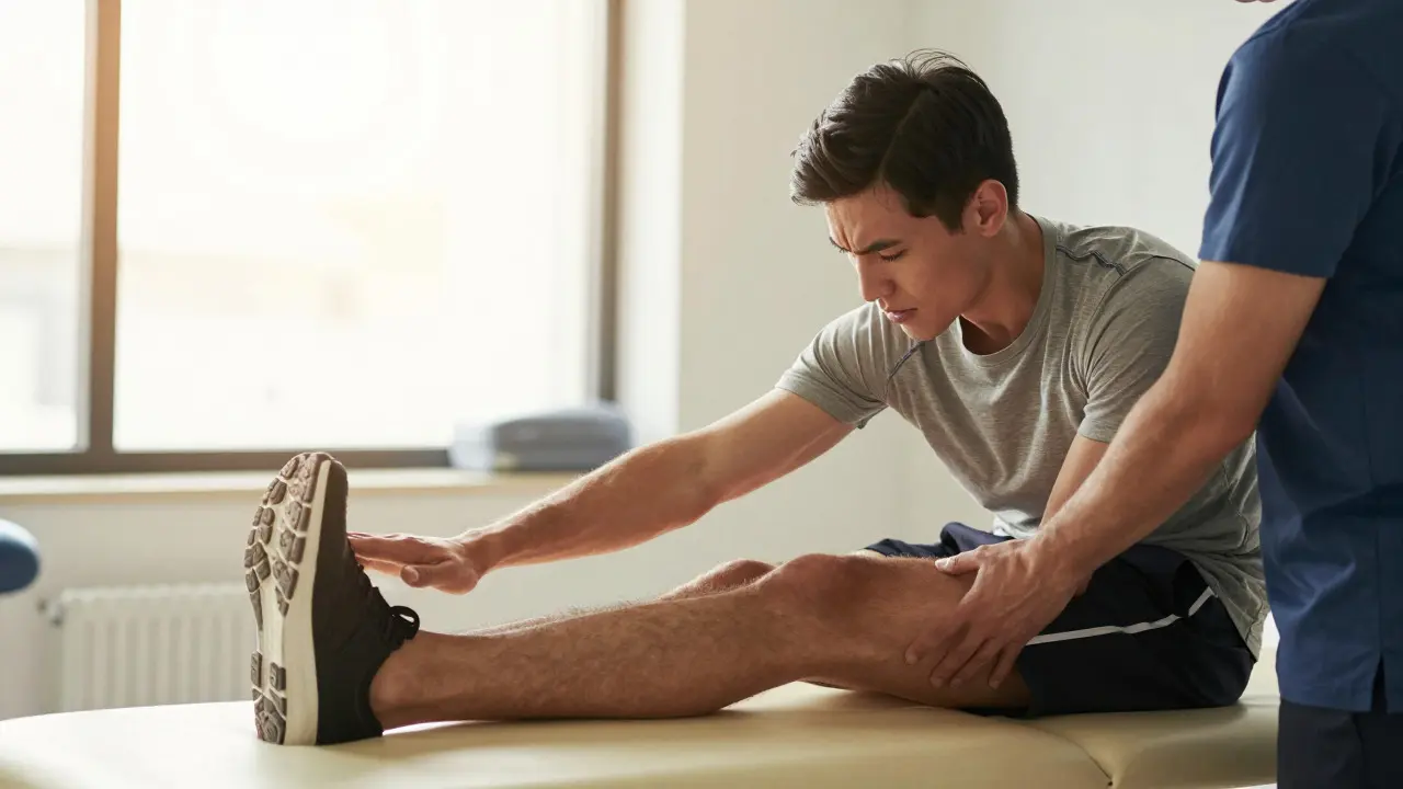 Athlete doing assisted stretching during rehab therapy