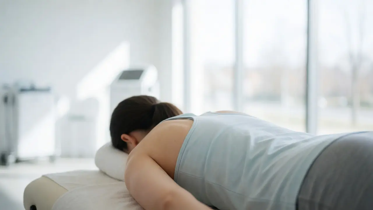 Athlete relaxing on a massage table in a bright, modern clinic