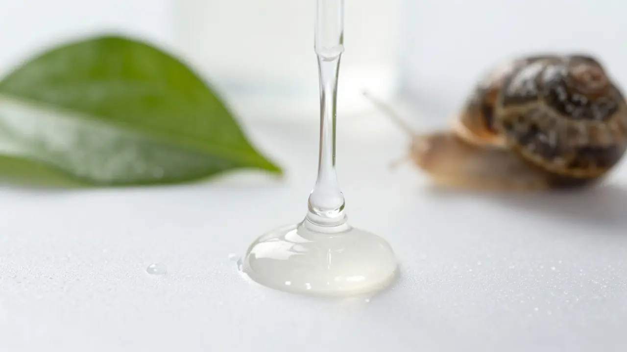 Close-up of clear snail mucin serum drop on a leaf
