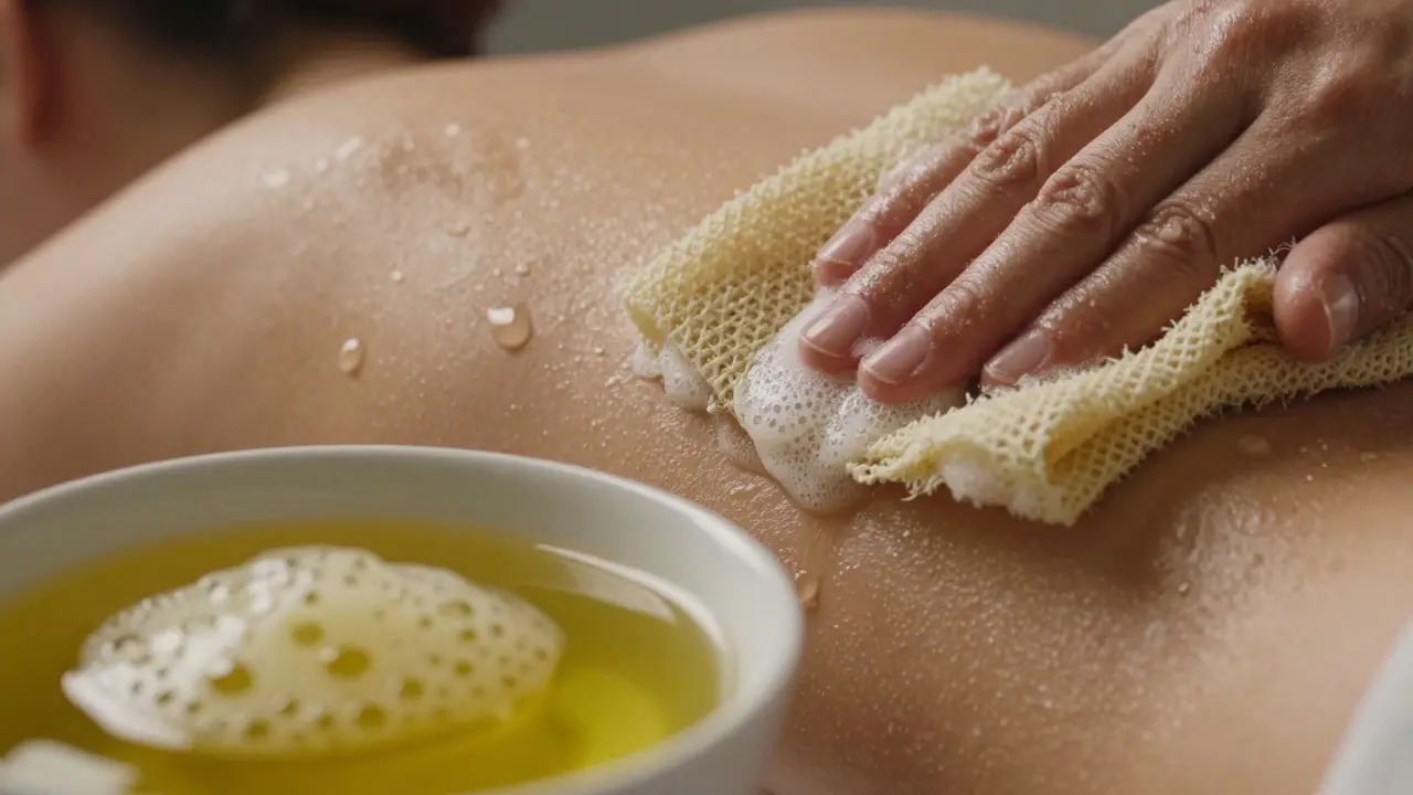 Close up of kese mitt scrubbing skin with olive oil soap
