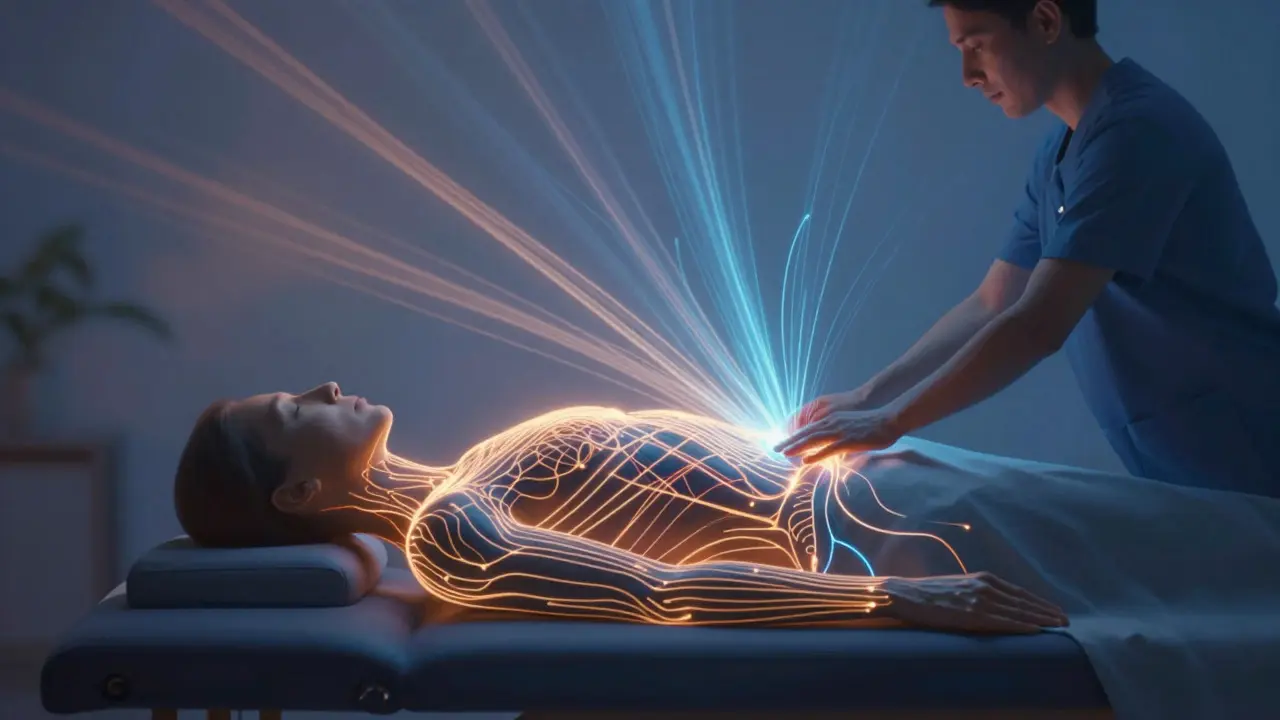 Conceptual art showing glowing neural connections between a therapist's hands and a client's body.