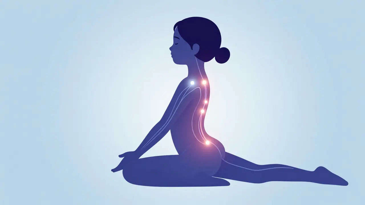 Conceptual illustration of a figure in child's pose with glowing meridian lines activating the nervous system.