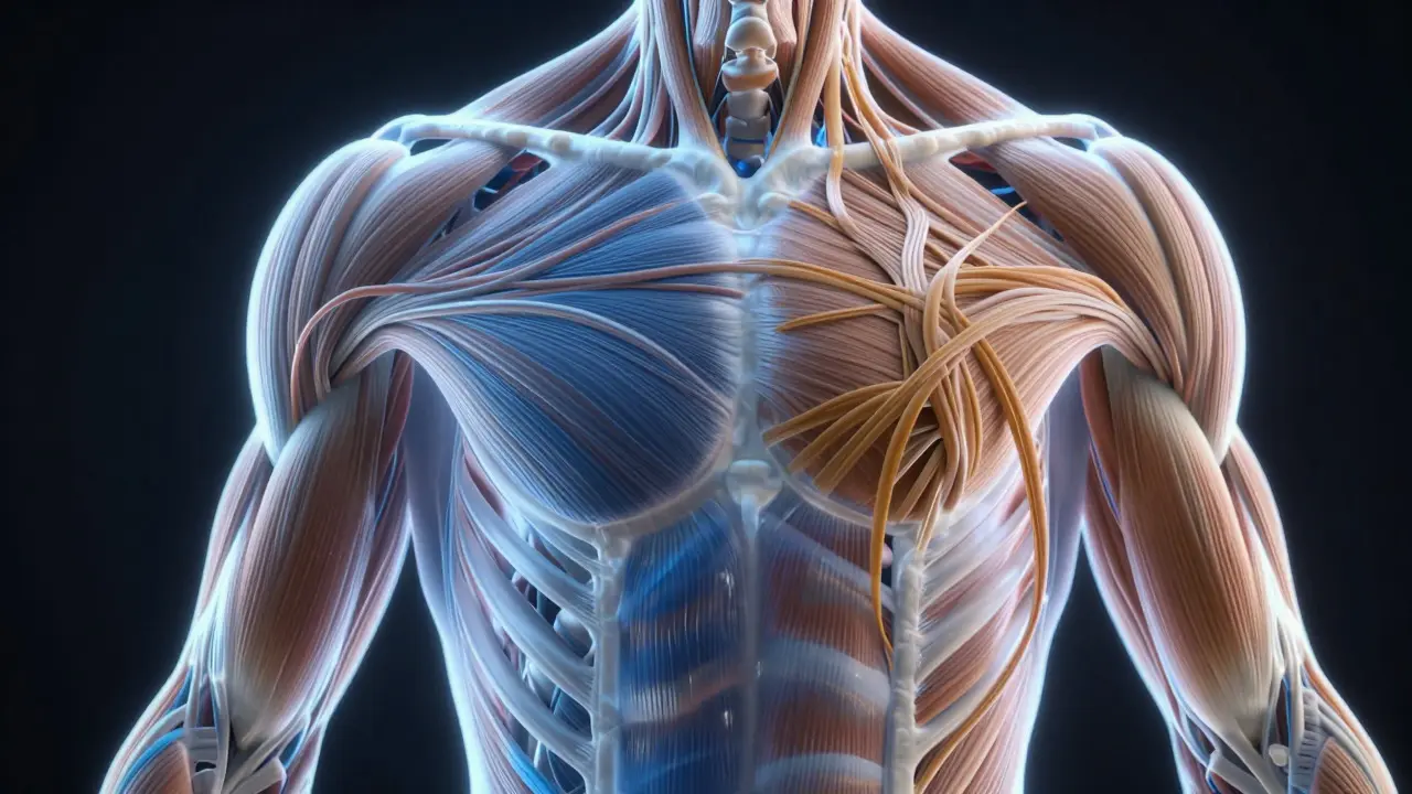 Conceptual illustration of healthy versus restricted fascial tissue networks