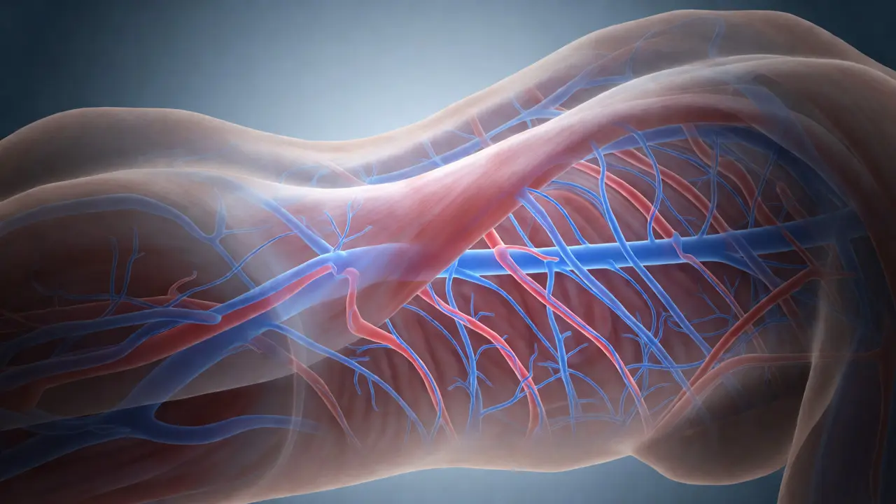 Conceptual illustration of muscle fibers releasing tension and increasing blood flow