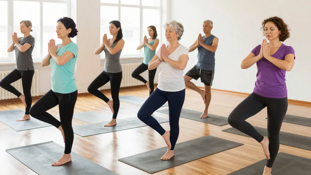 Group of people practicing Mountain Pose with ankle acupressure in a bright community health center.