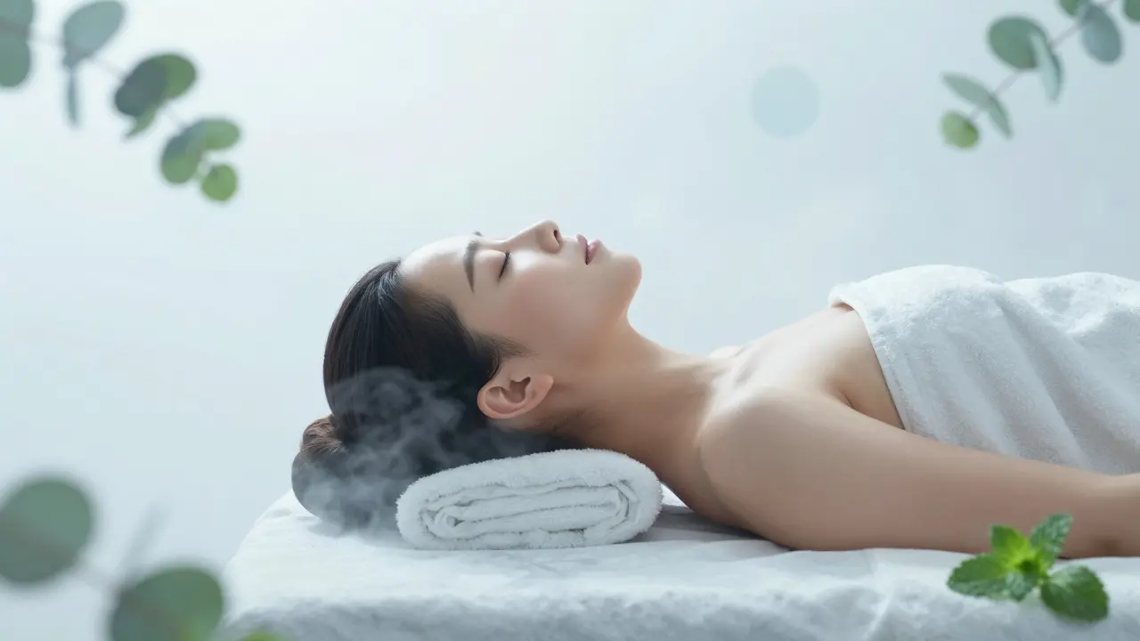 Peaceful figure resting in misty hammam for mental clarity