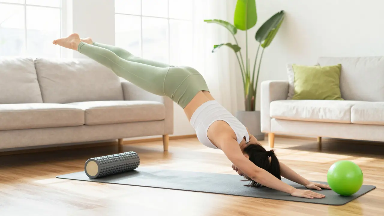 Person doing dynamic stretching exercises at home with a foam roller nearby
