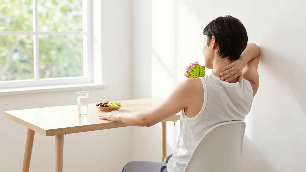Person performing self-massage with a lacrosse ball at an ergonomic home office setup
