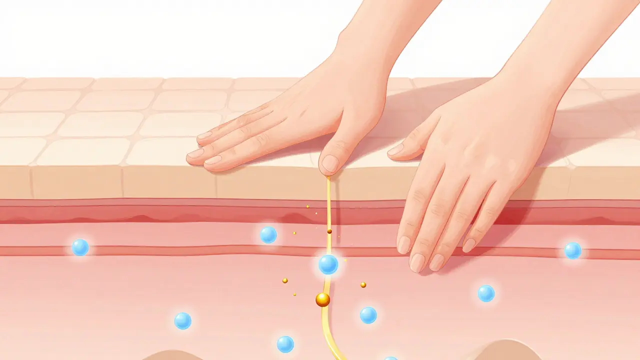 Stylized illustration of skincare ingredients penetrating skin