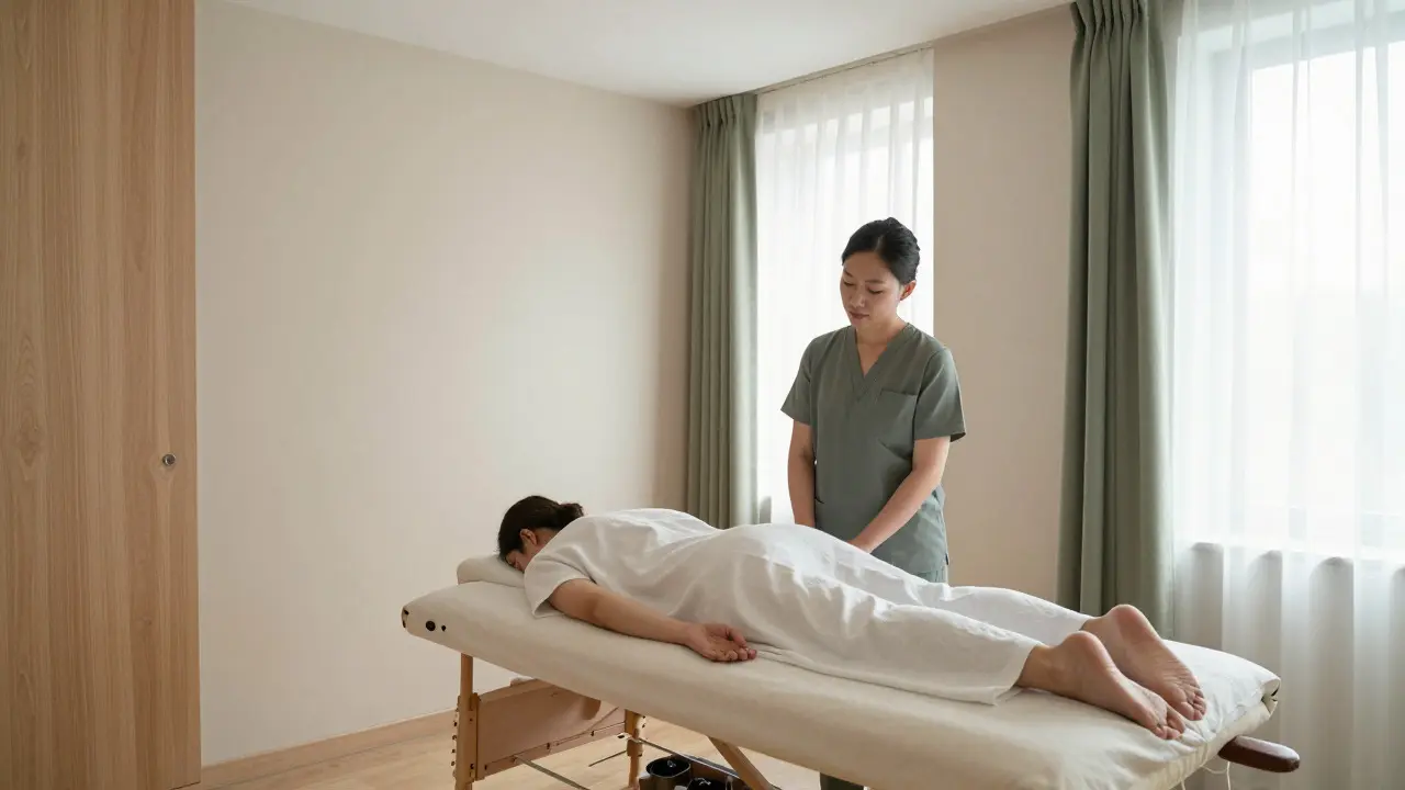 Tranquil UK massage room with a blind therapist attending to a relaxed client.