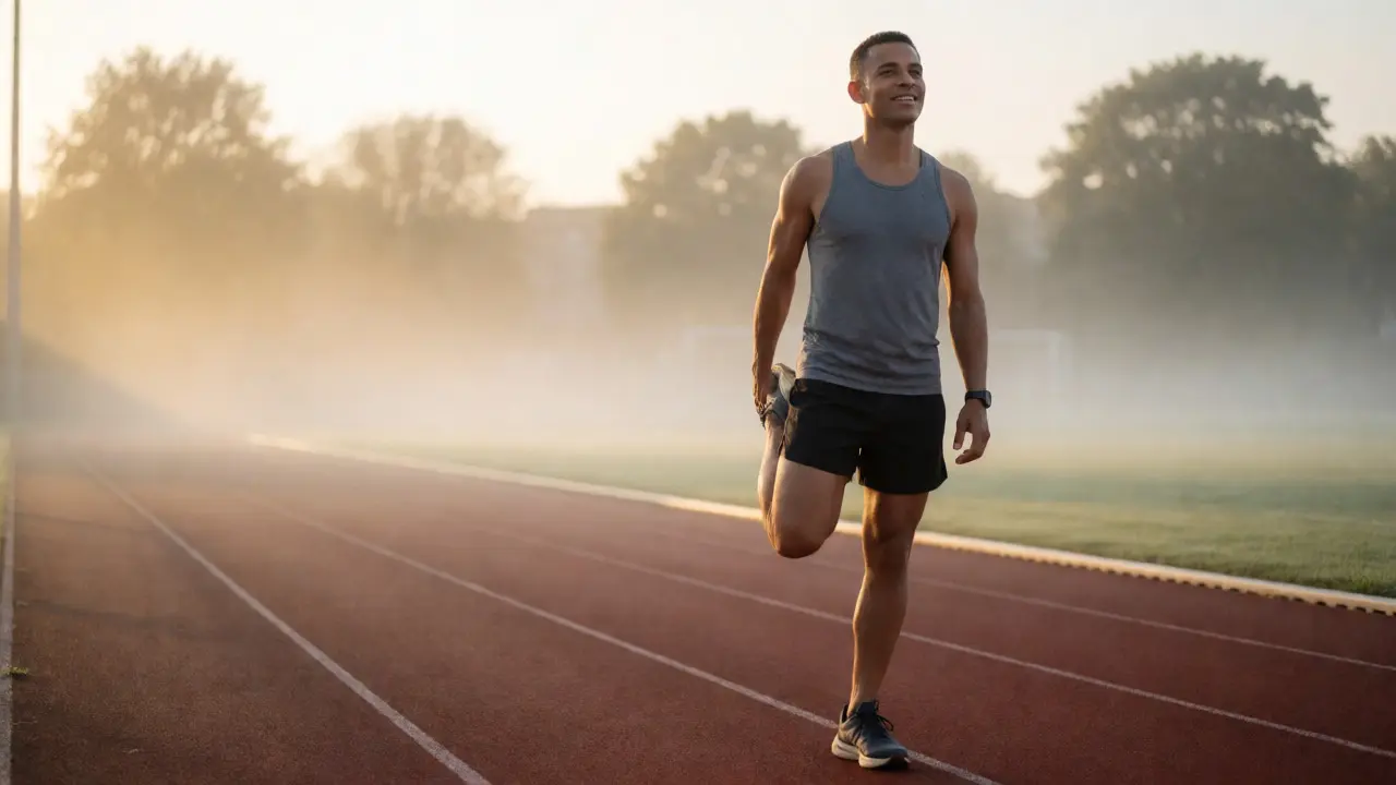 Athlete stretching confidently on a track after injury recovery