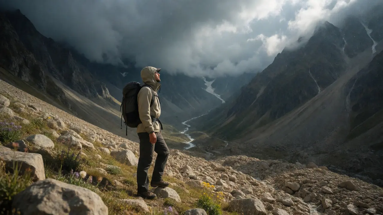 Hiker navigating rocky terrain as storm clouds gather over Hakali's unpredictable mountain weather.