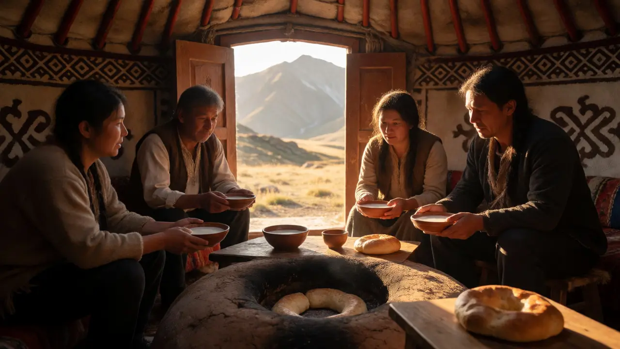Traditional yurt interior with hosts serving kumiss, overlooking the remote Hakali mountain pastures.